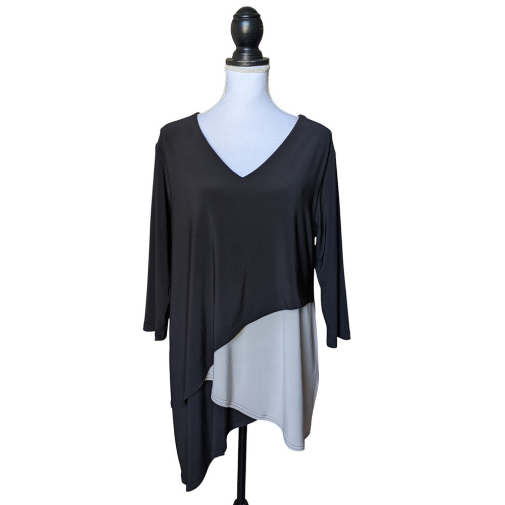 Sympli Canada Black Gray Asymmetrical Hem V Neck Tunic Top Size 14 Jersey Knit
